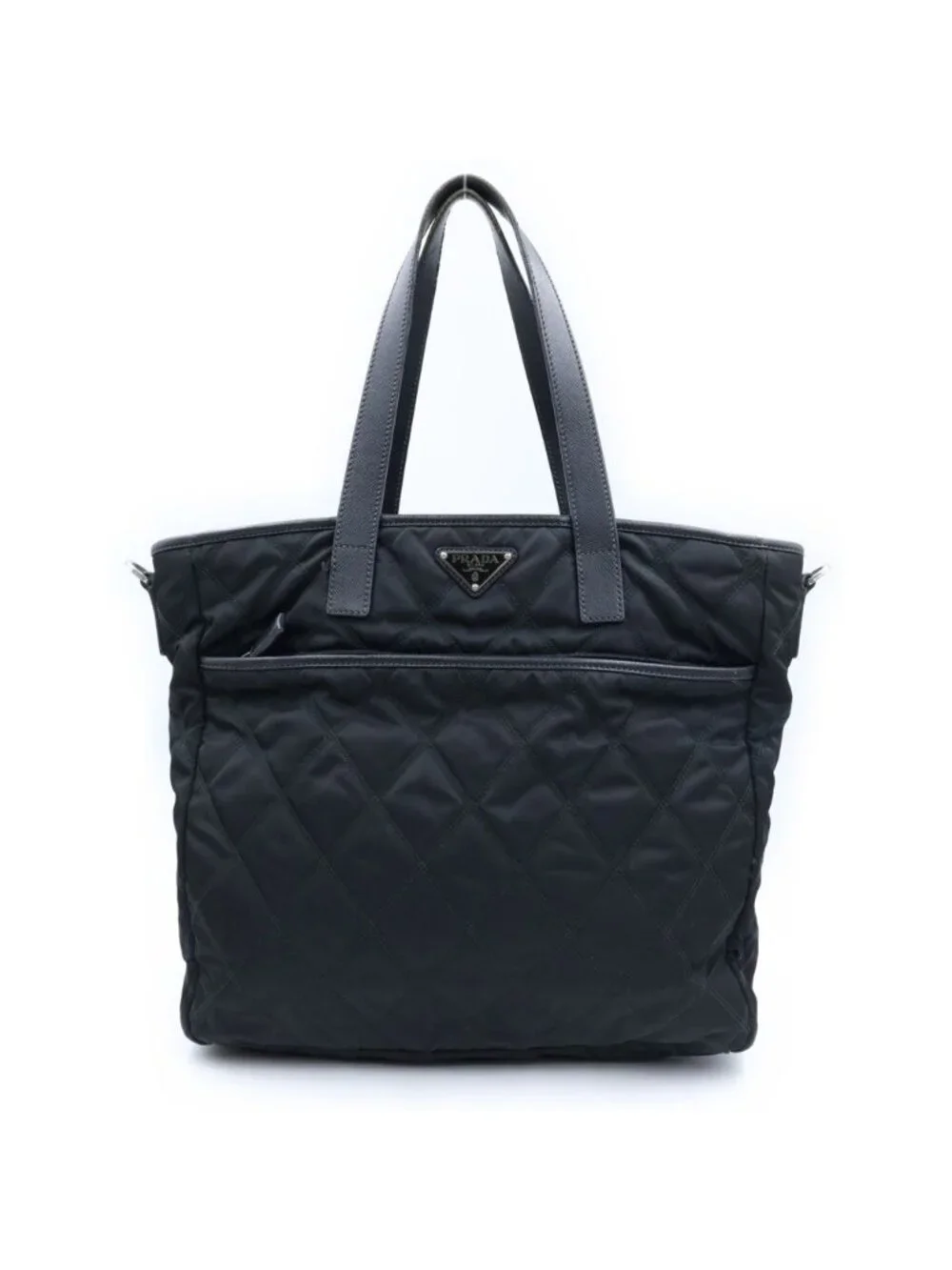 Prada Triangle Logo Quilted Tote Bag Leather Nylon Silver
